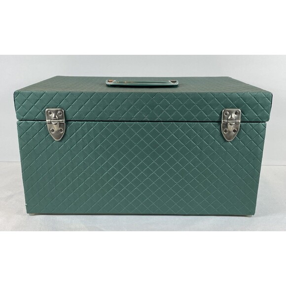 Vintage Green Quilted Vinyl Sewing Box with Tray Drawer 1950s/60s Case w/ Handle - Picture 12 of 14